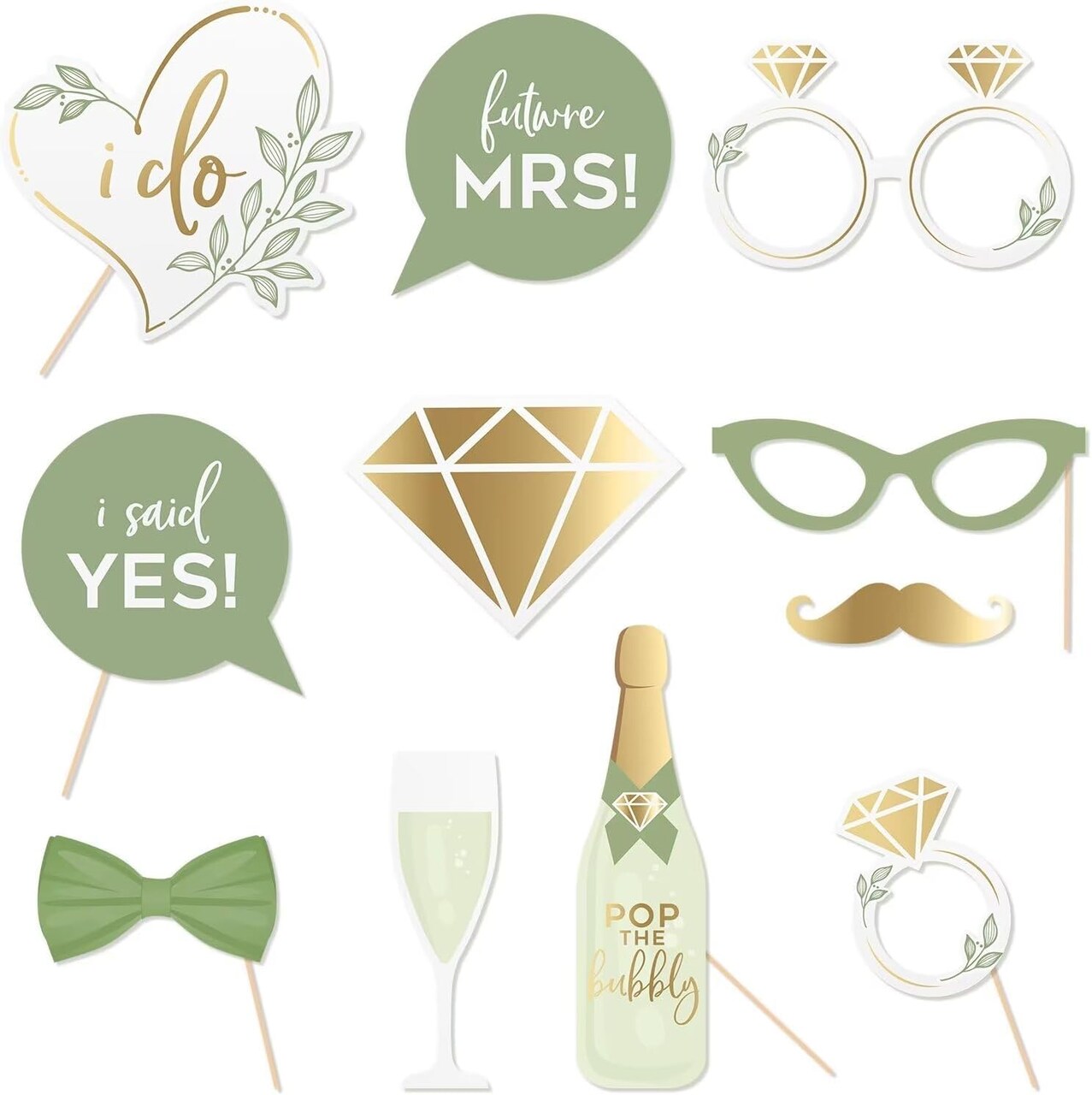Olive Green Wedding Photo Props Kit,12 Pack Engagement Photo Props Accessories with Wooden Dowels for Bridal Shower Wedding Favour Party Decorations
